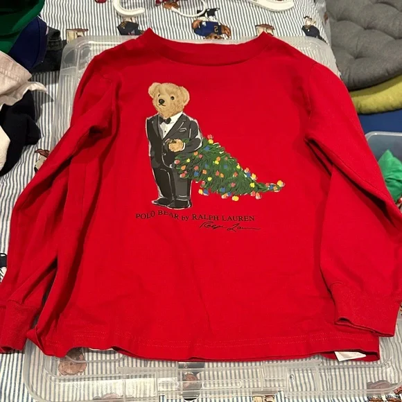 Ralph Lauren Kids Red Long Sleeve Christmas Polo Bear Shirt - Picture 1 of 4